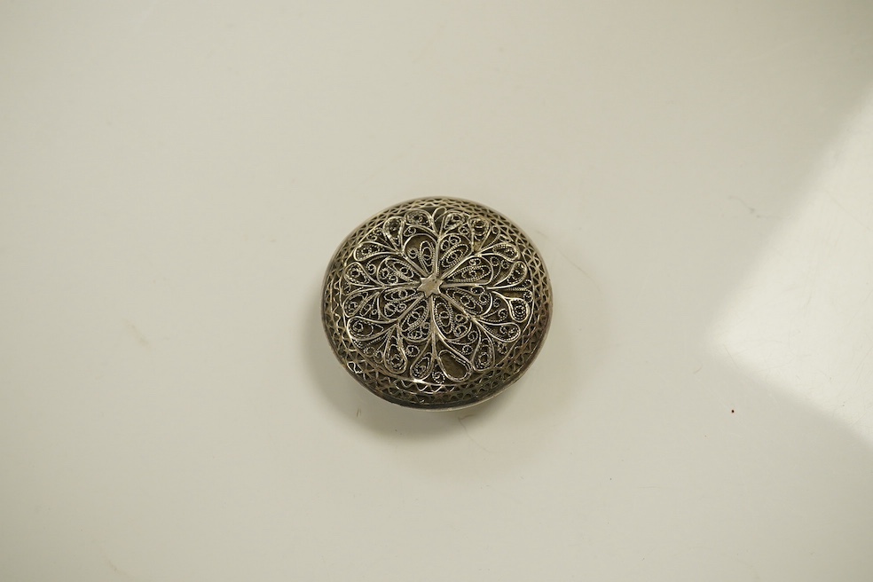 A group of assorted Indian and other foreign white metal wares including a tobacco box. Condition - fair to good.